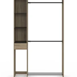 Dressing double penderie L. 110 cm avec étagères + tiroir + rangements à chaussures hêtre et noir