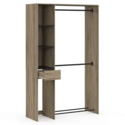 Dressing double penderie L. 110 cm avec étagères + tiroir + rangements à chaussures hêtre et noir