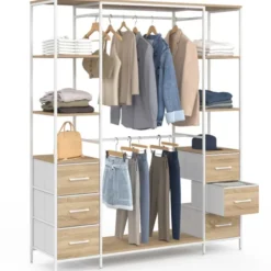 Dressing double penderie ouvert 140 cm 6 étagères et 6 bacs en tissu bois et blanc