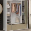 Dressing double penderie 140 x 45 x 167 cm blanc avec étagères + boites de rangement + rideau taupe