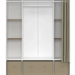 Dressing double penderie 140 x 45 x 167 cm blanc avec étagères + boites de rangement + rideau taupe