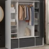 Dressing double penderie 140 x 45 x 167 cm blanc avec étagères + boites de rangement + rideau gris