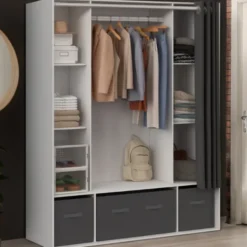 Dressing double penderie 140 x 45 x 167 cm blanc avec étagères + boites de rangement + rideau gris