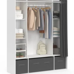 Dressing double penderie 140 x 45 x 167 cm blanc avec étagères + boites de rangement + rideau gris
