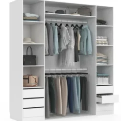 Dressing double 185 x 55 x 200 cm avec étagères + double penderie + 6 tiroirs blanc