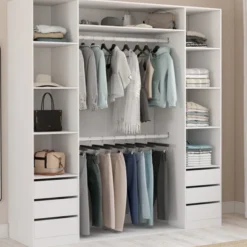 Dressing double 185 x 55 x 200 cm avec étagères + double penderie + 6 tiroirs blanc