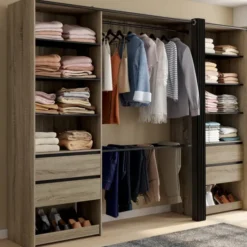Dressing double XXL 220 cm hêtre avec 1 penderie, 1 porte-pantalon, 8 étagères, 6 tiroirs et rangements à chaussures