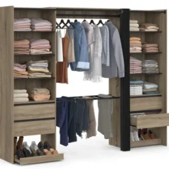 Dressing double XXL 220 cm hêtre avec 1 penderie, 1 porte-pantalon, 8 étagères, 6 tiroirs et rangements à chaussures