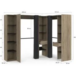 Dressing extensible d'angle 230 x 140 x 180 cm cm hêtre avec penderies + étagères + miroir + rideaux noirs