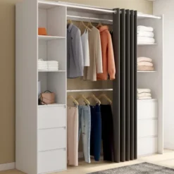 Dressing extensible double blanc 120/180 cm 6 tiroirs + étagères + double penderie + rideau gris