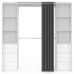 Dressing extensible double blanc 120/180 cm 6 tiroirs + étagères + double penderie + rideau gris