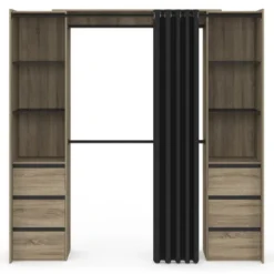 Dressing extensible double effet hêtre 120/180 cm 6 tiroirs + étagères + double penderie + rideau noir