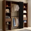 Dressing extensible double 120/180 x 50 x 180 cm noyer avec étagères + double penderie + rideau noir