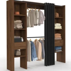 Dressing extensible double 120/180 x 50 x 180 cm noyer avec étagères + double penderie + rideau noir