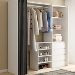 Dressing extensible 120/170 x 50 x 180 cm blanc avec 4 tiroirs + étagères + penderie + rideau gris
