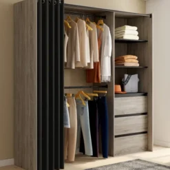 Dressing extensible 120/170 x 50 x 180 cm hêtre avec 3 tiroirs + étagères + double penderie + rideau noir