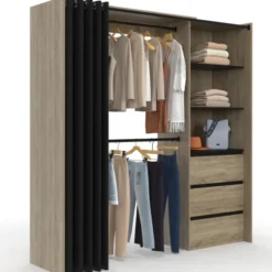 Dressing extensible 120/170 x 50 x 180 cm hêtre avec 3 tiroirs + étagères + double penderie + rideau noir