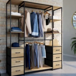 Dressing industriel double penderie bois et noir avec étagères et bacs
