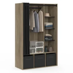 Dressing penderie avec rideau et étagères bois et noir