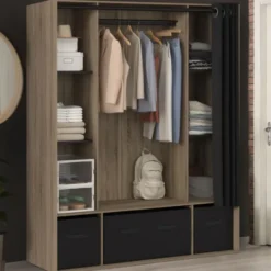 Dressing penderie coloris bois 6 étagères et rideaux noirs
