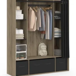 Dressing penderie coloris bois 6 étagères et rideaux noirs