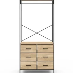 Dressing penderie industrielle avec 6 bacs en tissu bois et noir