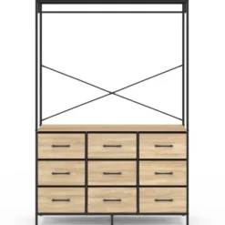 Dressing penderie industriel 115 cm avec 9 bacs en tissu bois et noir