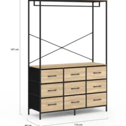 Dressing penderie industriel 115 cm avec 9 bacs en tissu bois et noir