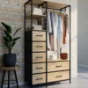 Dressing penderie industriel avec 7 bacs en tissu, coloris bois et noir