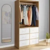 Dressing penderie L. 80 cm avec 6 tiroirs bois façon hêtre et blanc