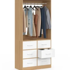 Dressing penderie L. 80 cm avec 6 tiroirs bois façon hêtre et blanc