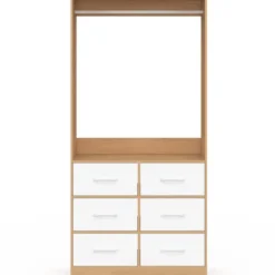 Dressing penderie L. 80 cm avec 6 tiroirs bois façon hêtre et blanc