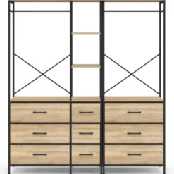 Dressing penderie modulable L. 150 cm XXL avec 3 étagères et 9 bacs en tissu bois et noir