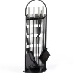 Ensemble d'accessoires de cheminée noir inox avec support