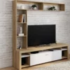 Ensemble meuble télé 170 cm avec étagères bois et placard blanc