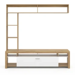Ensemble meuble télé 170 cm avec étagères bois et placard blanc