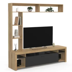 Ensemble meuble télé de 170 cm avec des étagères en bois et un placard noir