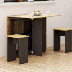 Ensemble table console pliable 2-4 personnes bois noir et plateau façon hêtre avec 4 tabourets