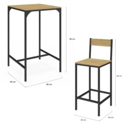 Ensemble table de bar carrée 60 cm et 2 chaises de bar design industriel