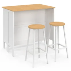 Ensemble table de bar ilot et 2 tabourets bois blanc plateau façon hêtre