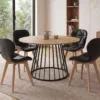 Ensemble table à manger extensible ronde plateau bois et pied filaire en métal 110-150 cm et 4 chaises en PU noires