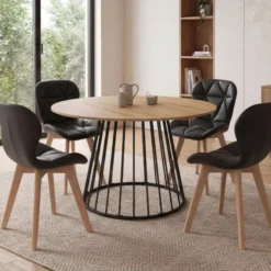 Ensemble table à manger extensible ronde plateau bois et pied filaire en métal 110-150 cm et 4 chaises en PU noires