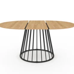 Ensemble table à manger extensible ronde plateau bois et pied filaire en métal 110-150 cm et 4 chaises en PU noires