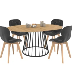Ensemble table à manger extensible ronde plateau bois et pied filaire en métal 110-150 cm et 4 chaises en PU noires