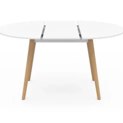 Ensemble table à manger extensible ronde blanc pied bois 110 - 150 cm et 4 chaises blanches