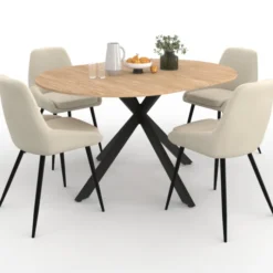 Ensemble table à manger extensible ronde bois et noir 110-150 cm et 4 chaises velours beige