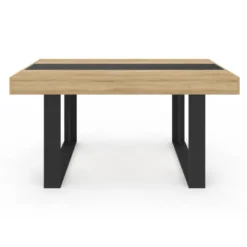Ensemble table à manger rectangle bois et noir bande centrale noire 160 cm et 6 chaises noires bandeau blanc