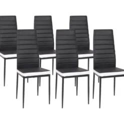 Ensemble table à manger rectangle bois et noir bande centrale noire 160 cm et 6 chaises noires bandeau blanc