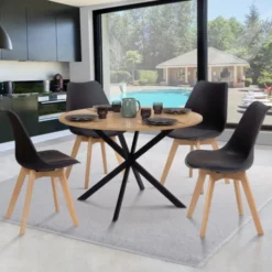 Ensemble table à manger ronde 110 cm bois et noir et 4 chaises noires