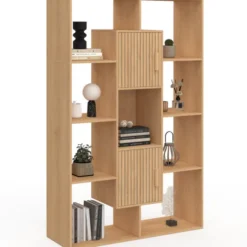 Etagère bibliothèque avec 11 compartiments et 2 cases effet lattes 143 cm